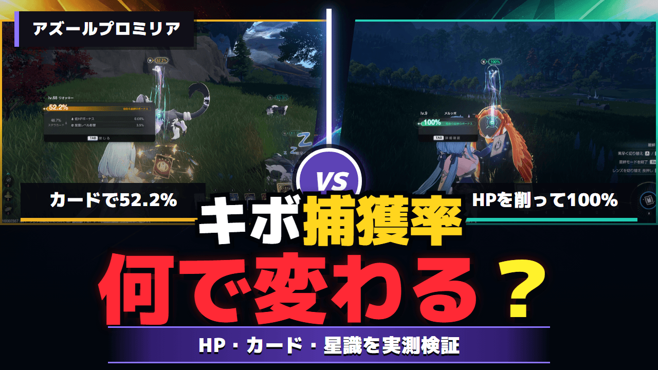 アズールプロミリアのキボ捕獲率について、カード52.2パーセントとHP低下後100パーセントを比較した検証動画サムネイル